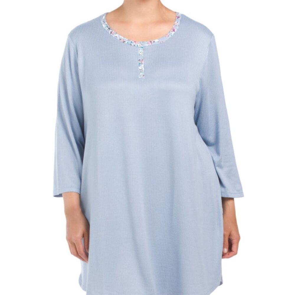 Ellen Tracy Women's Plus Nightgown Ribbed Henley Sleepshirt Soft Blue Size 3X